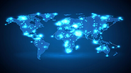 A world map glows with blue lights, illustrating global connections and networks across continents and regions, emphasizing digital interconnectivity