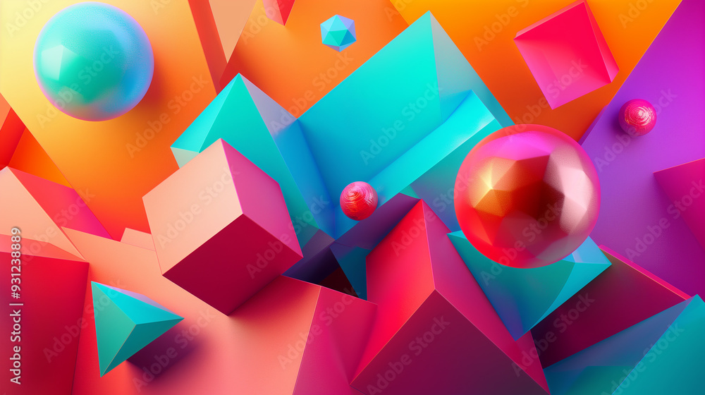 Poster an abstract composition of intersecting 3d geometric shapes like cubes, spheres, and pyramids. vibra