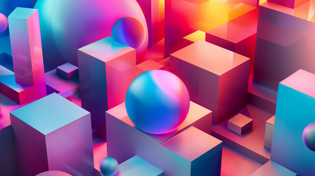 an abstract composition of intersecting 3D geometric shapes like cubes, spheres, and pyramids. vibrant colors and gradients, with dynamic lighting, abstract background wallpaper 