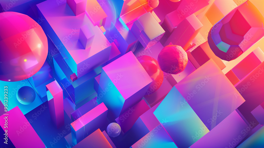Poster an abstract composition of intersecting 3d geometric shapes like cubes, spheres, and pyramids. vibra