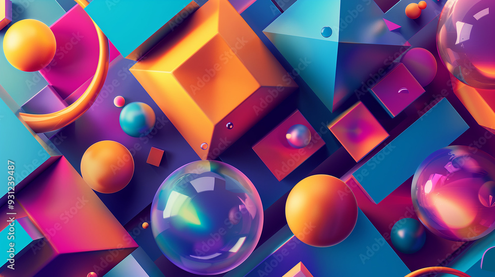 Poster an abstract composition of intersecting 3d geometric shapes like cubes, spheres, and pyramids. vibra