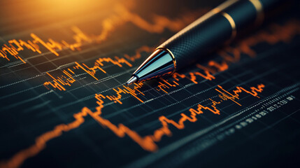 A pen lies on an ECG graph, highlighting the heart rate fluctuations with orange markings, indicating a medical examination in progress