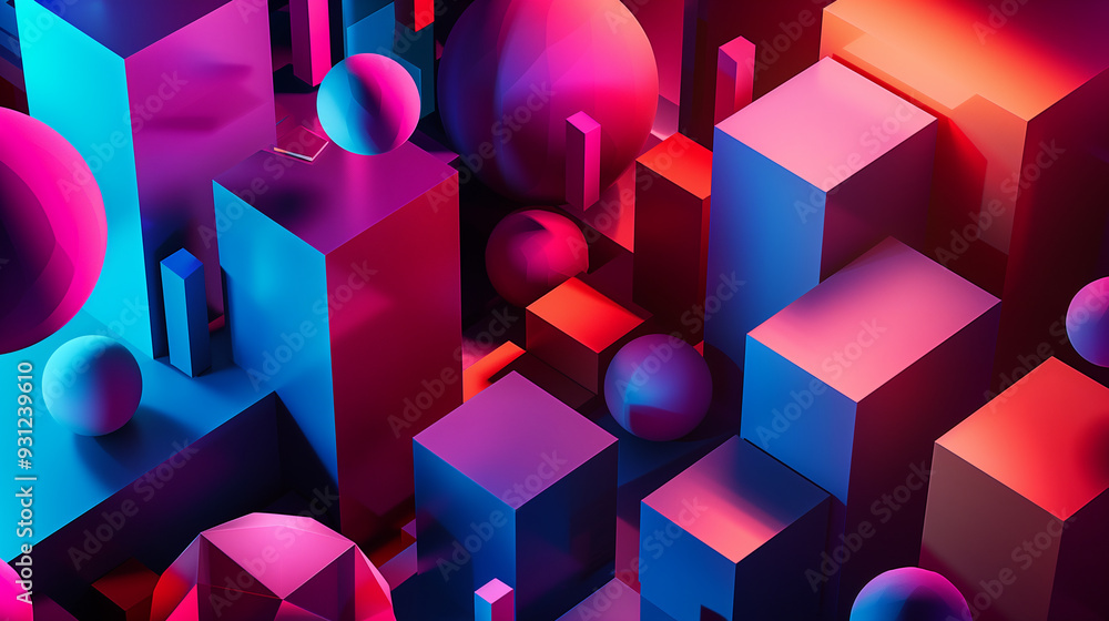 Poster an abstract composition of intersecting 3d geometric shapes like cubes, spheres, and pyramids. vibra