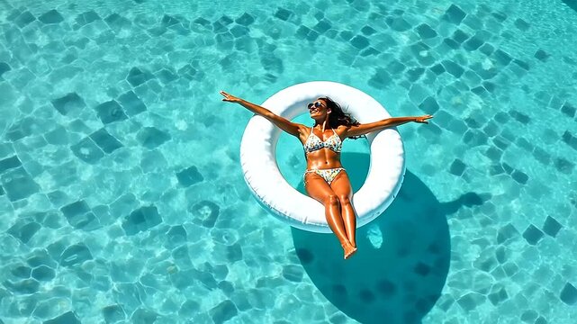 Young woman lounging on a pool float in sparkling blue water, epitomizing relaxation and the carefree spirit of summer