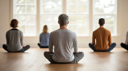 A serene meditation session with individuals practicing mindfulness in a peaceful, well-lit space, promoting relaxation and focus.