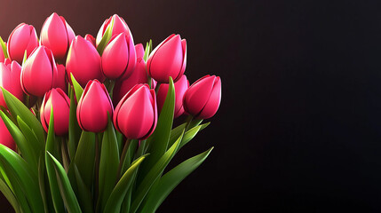 Fototapeta premium A bouquet of pink tulips stands elegantly against a dark backdrop, highlighting the delicate petals and fresh greenery