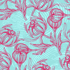 Chrysanthemum plants pattern illustration poster background. Dalhia Seamless Vector Pattern Ink Drawing. Flower pattern wallpaper textile vintage floral blossom spring illustration background seamless