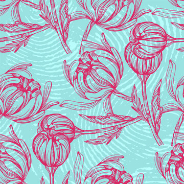 Chrysanthemum plants pattern illustration poster background. Dalhia Seamless Vector Pattern Ink Drawing. Flower pattern wallpaper textile vintage floral blossom spring illustration background seamless