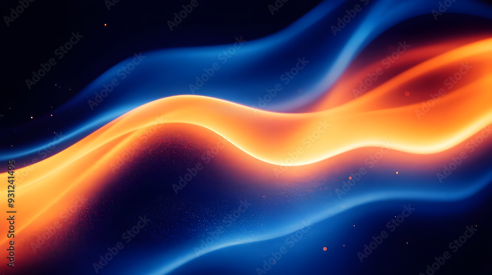 Poster abstract waves of blue and orange light create a dynamic visual effect.