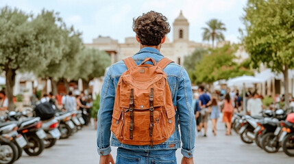 Naklejka premium A traveler walks through a lively town square filled with people and surrounded by motorcycles on a sunny day