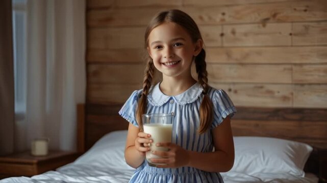 a little girl holding a glass of milk 