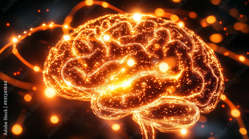 Poster a vivid brain illustration with glowing neural connections, showcasing a fusion of art and science i