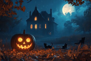 Spooky Halloween night scene with an old abandoned house and glowing jack-o'-lantern