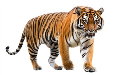 Obraz premium A large tiger with black stripes walking on a white background, looking at the camera.