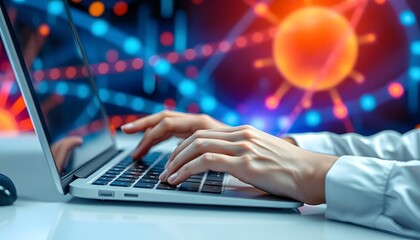 A person's hands typing on a laptop keyboard in a dimly lit room with abstract geometric shapes in the background