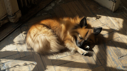 Obraz premium A fluffy dog curls up and sleeps in a warm patch of sunlight on a wooden floor, enjoying the tranquil atmosphere of the cozy room