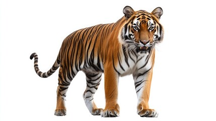 A majestic tiger stands with its paws firmly planted on the ground, showcasing its orange and black striped fur, sharp claws, and intense gaze.