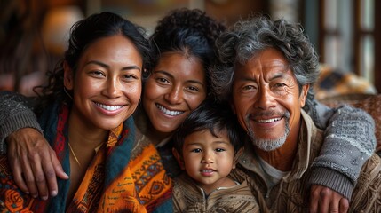 Happy Multi-Generational Family Portrait with Grandparents, Parents, and Child in Cozy Home Setting