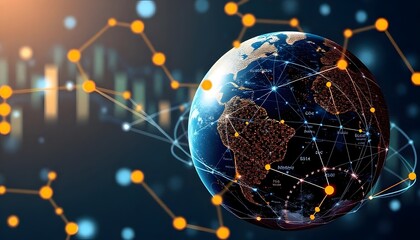 Obraz premium A glowing digital globe with a network of interconnected lines and points, representing global connectivity and communication, set against a dark blue background with bright orange and yellow highligh