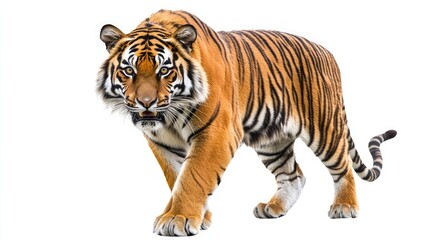 Fototapeta premium A majestic tiger walks forward with its stripes and fierce expression on full display, isolated on a white background.