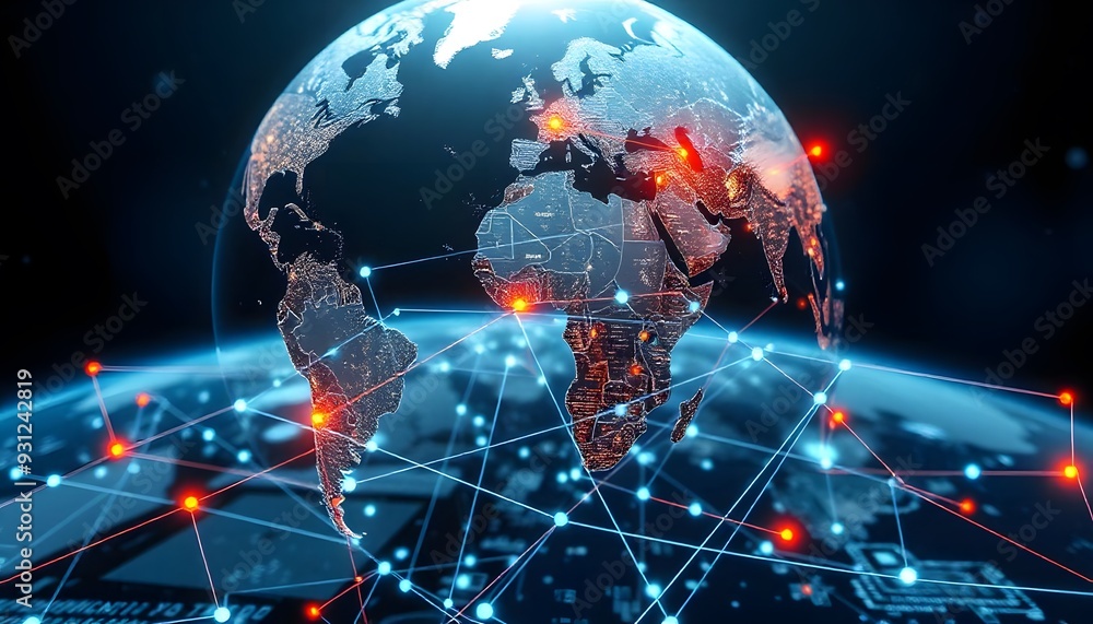 Poster a glowing digital globe with a network of interconnected lines and points, representing global conne