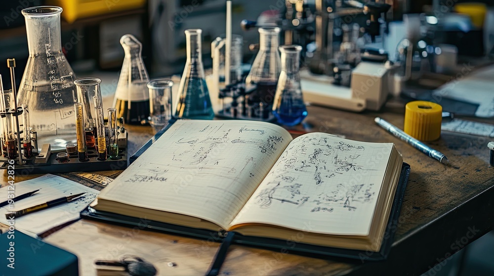 Poster a lab notebook open to pages filled with detailed scientific observations, sketches, and notes, lyin