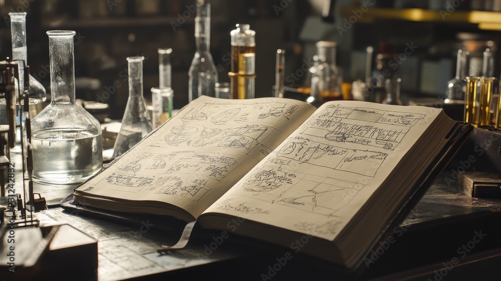 Poster a lab notebook open to pages filled with detailed scientific observations, sketches, and notes, lyin