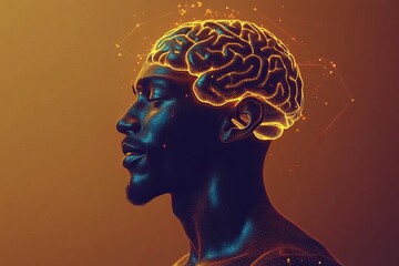 Obraz premium Portrait of a woman with a glowing brain and bright halo symbolizing the harmonious balance between thoughts emotions and the peaceful energy of the mind in a serene outdoor setting