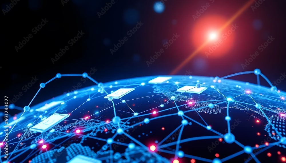 Poster a glowing digital globe with a network of interconnected lines and points, representing global conne