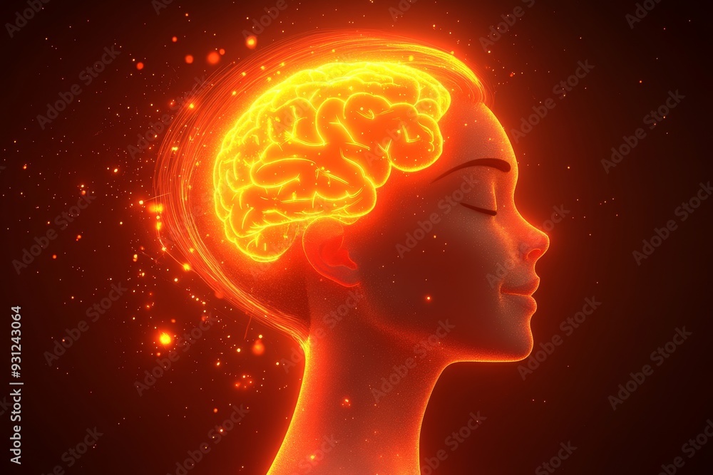 Aufkleber profile of a woman with a glowing brain in a fiery orange hue symbolizing intense creativity mental 