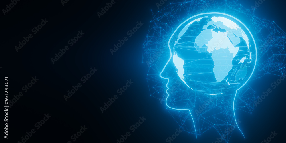 Poster Creative glowing blue world map inside head outline hologram on dark backdrop with mock up place. Think, business, brainstorm and global technologies concept. 3D Rendering.
