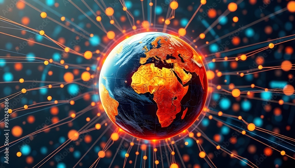 Poster a glowing digital globe with a network of interconnected lines and points, representing global conne
