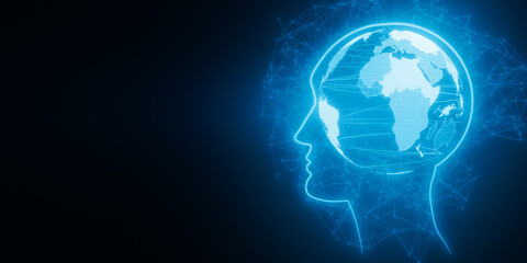 Creative glowing blue world map inside head outline hologram on dark backdrop with mock up place. Think, business, brainstorm and global technologies concept. 3D Rendering.
