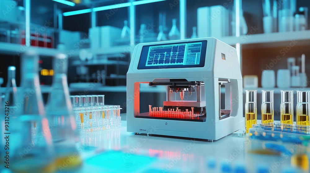 Poster high-tech lab with a 3d printer in focus, surrounded by beakers, test tubes, and digital screens dis