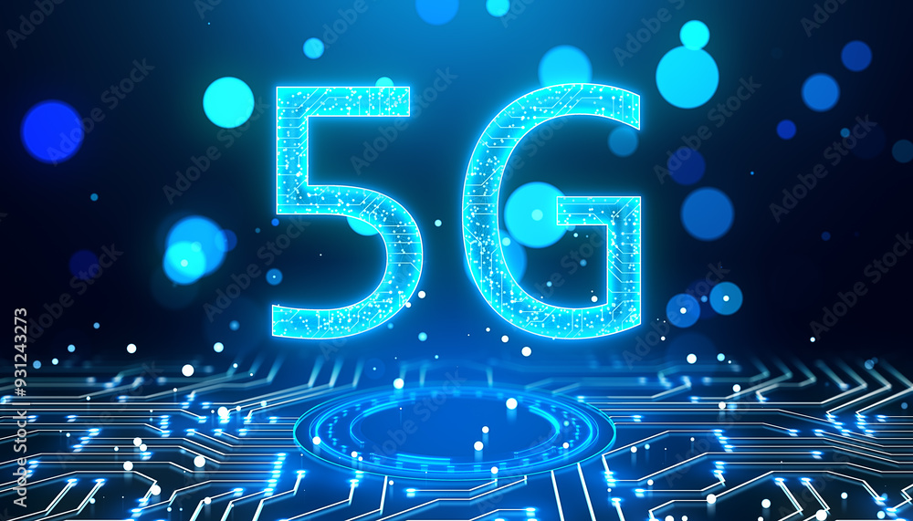 Poster glowing 5G circuit hologram on blurry bokeh circles background. Mobile internet speed concept. 3D Rendering.