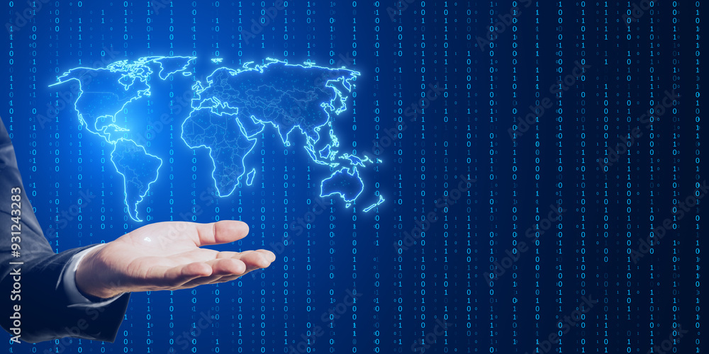 Poster close up of businessman hands holding glowing polygonal map hologram on blue background. innovation 