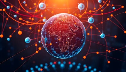 Fototapeta premium A glowing digital globe with a network of interconnected lines and points, representing global connectivity and communication, set against a dark blue background with bright orange and yellow highligh