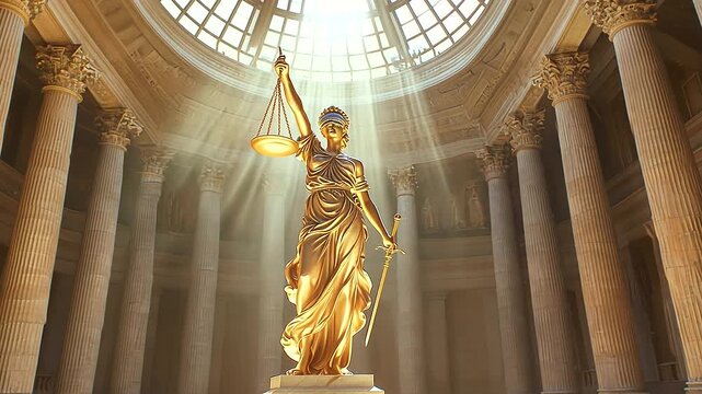 Statue of Justice in a grand hall, Lady Justice with her blindfold, scales, and sword. This iconic representation symbolizes law, fairness, and impartiality in the judiciary system