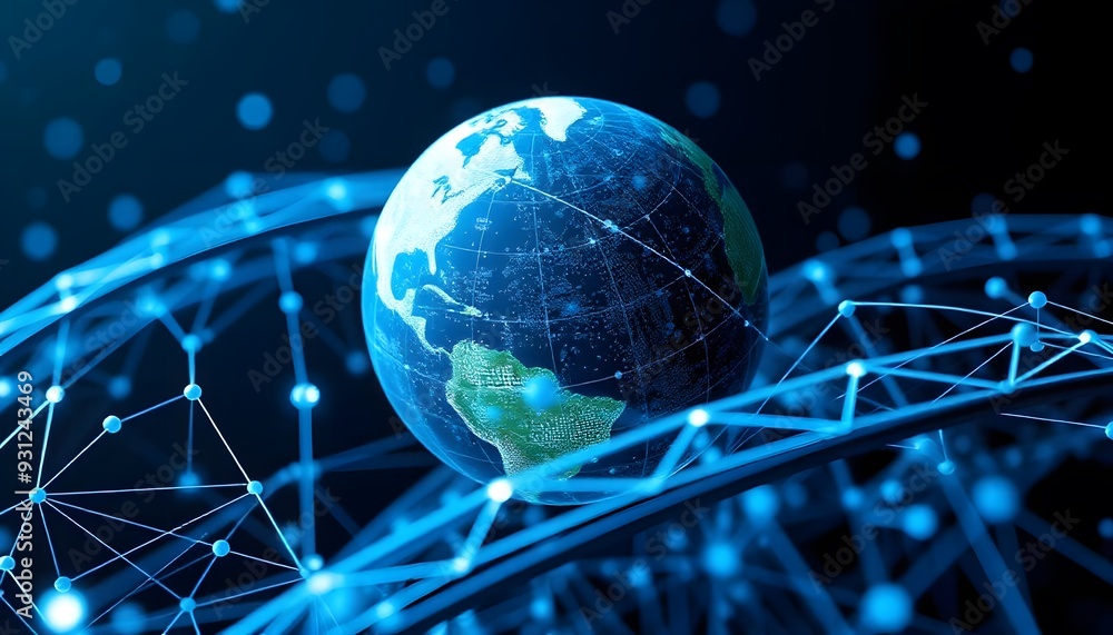 Poster a glowing digital globe with a network of interconnected lines and points, representing global conne