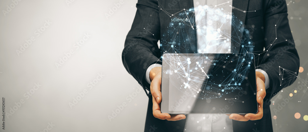 Poster close up of male hands holding tablet with creative digital sphere on concrete wide wall background 