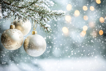 Snowy Pine Tree Branch with Gold and Silver Ornaments. A tranquil winter scene of sparkling gold and silver Christmas ornaments hanging from a snow-covered pine branch.
