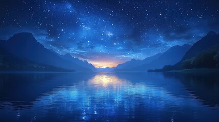 Serene Starry Night Over Tranquil Lake, a vast sky filled with shimmering stars mirrored in the still waters, creating a peaceful and enchanting atmosphere.