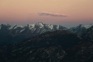 Beautiful panoramic view of the Italian Alps during a winter sunset