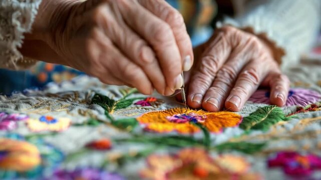 A woman practicing embroidery, illustrating detailed and creative crafts.