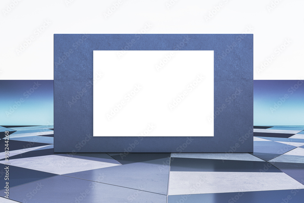 Aufkleber modern white and blue geometric gallery interior with empty mock up billboard on wall. exhibition an