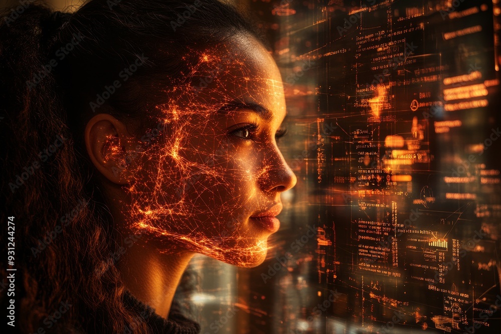 Aufkleber abstract portrait of a woman with a glowing face in a digital environment symbolizing the fusion of 