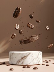 Fototapeta premium marble round podium for product demonstration, coffee beans flying around, banner design.generative ai