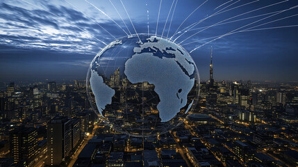 A digital globe hovers over a bustling urban landscape, symbolizing global connectivity as night falls in the city