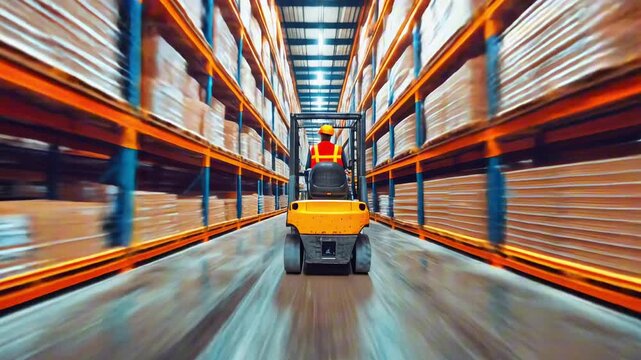 Warehouse Worker Driving Forklift  Down Warehouse Aisles in Motion Blur Conveying Speed Movement 