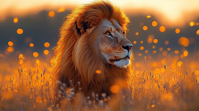 Majestic lion in the savannah, golden mane glistening under the sun, embodying strength and grace amidst the vast, golden grasslands, a symbol of untamed wilderness.
